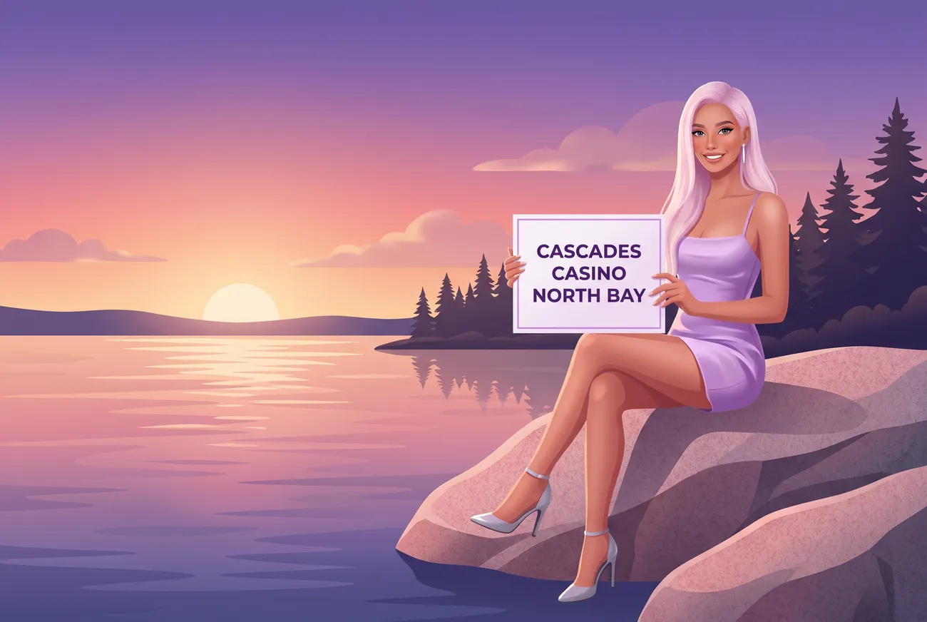 Woman by a lake holding a Cascades Casino North Bay card