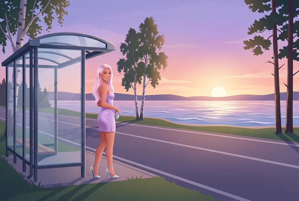 Woman by a lakeside bus shelter at sunset