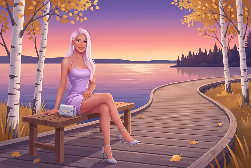 Woman on a lakeside boardwalk bench among birches